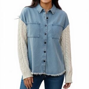 Blu pepper Sweater sleeve denim shirt Ladies size small Blue cream